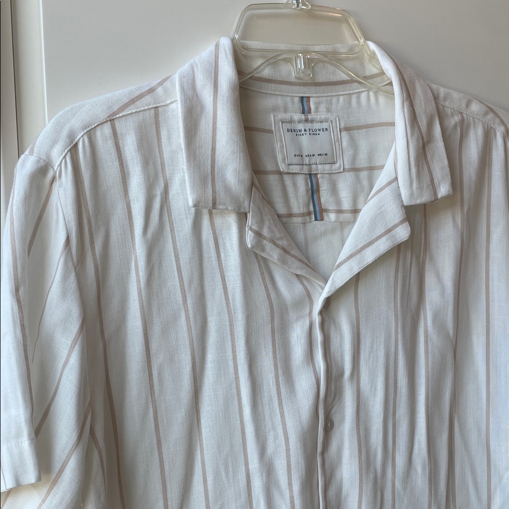 Denim & Flower Cream Striped Casual Rayon Button Down.